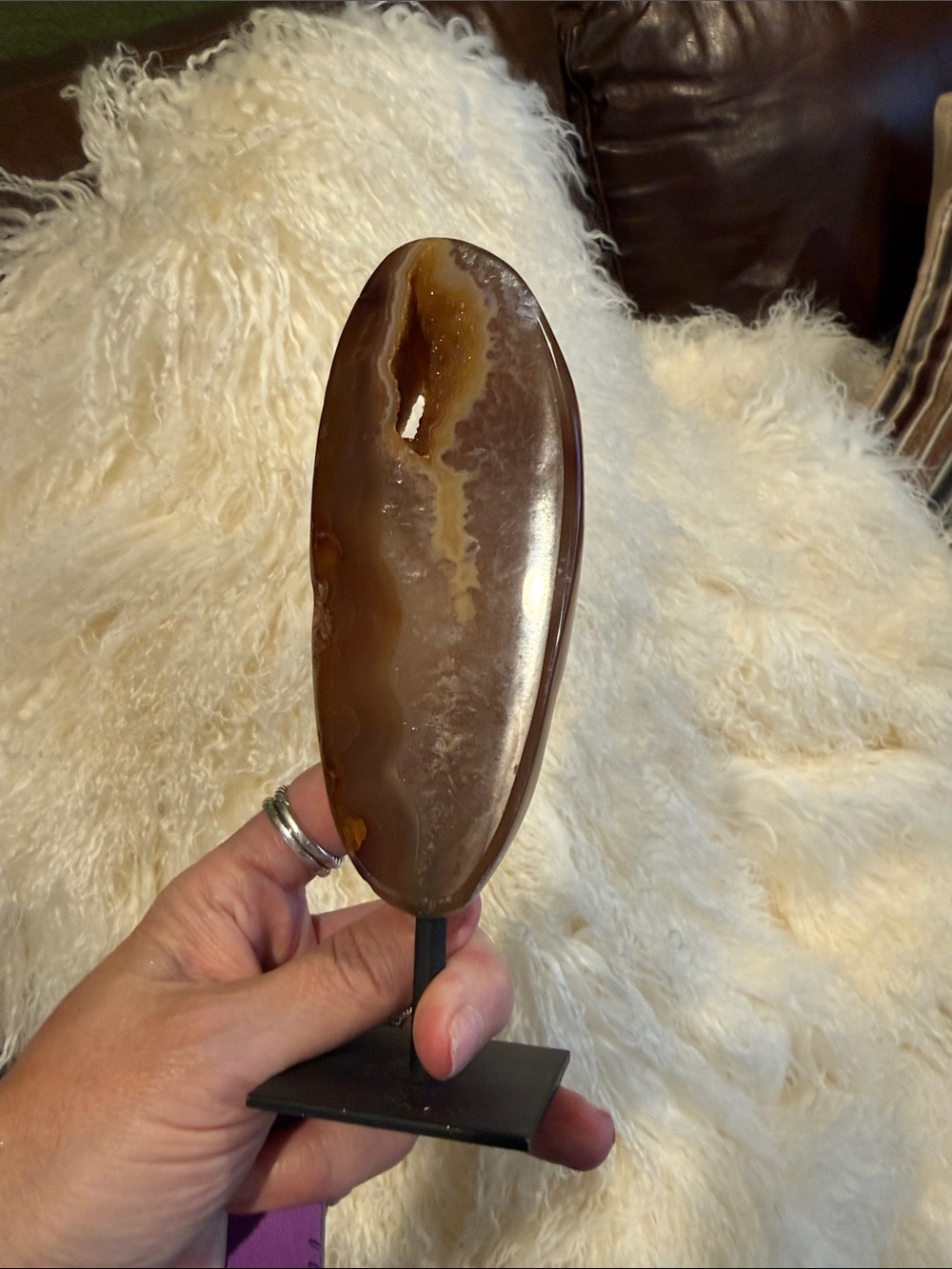 Artisan Brown and Cream Agate Sculpture w/ Druzy on Stand - Picture 7 of 10